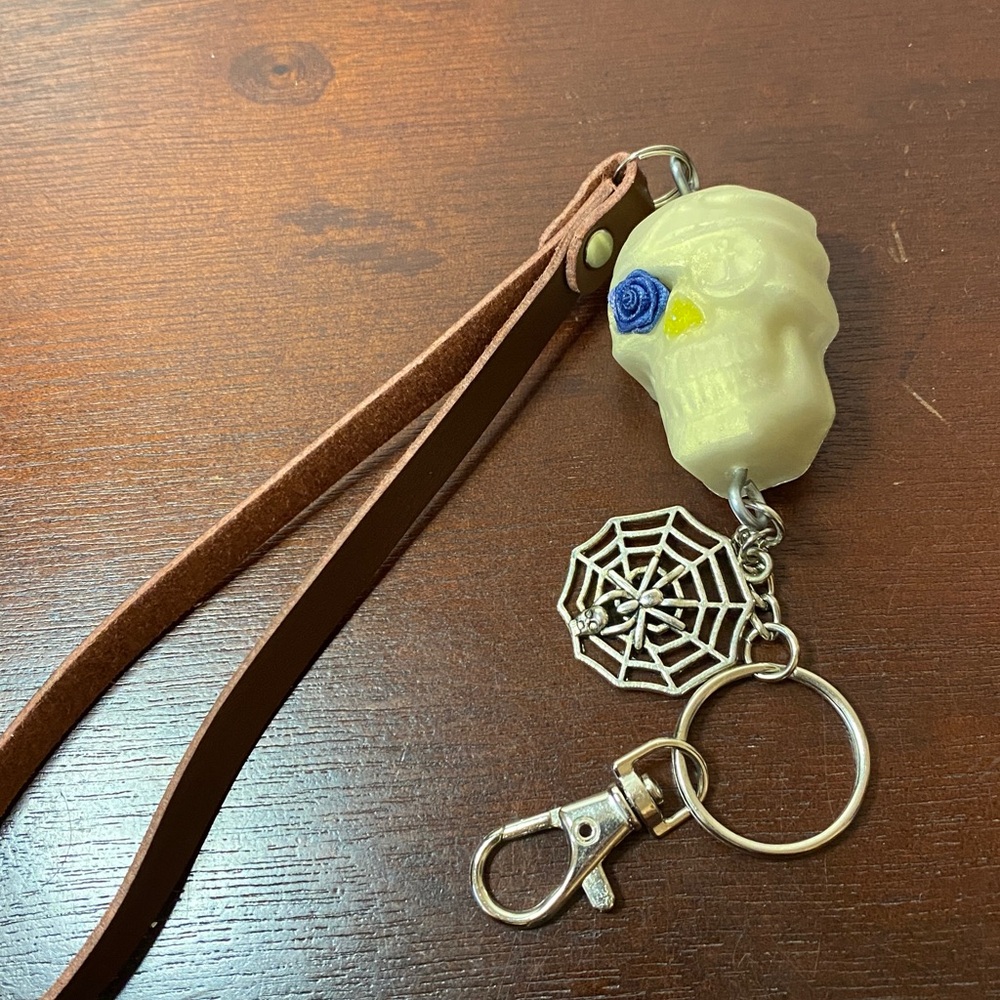 Cream Skull Keychain with Leather Strap